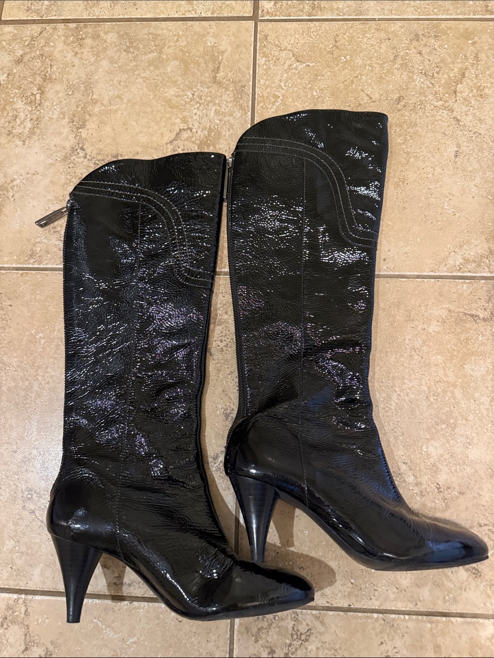 Black Patent Mid-Calf Heeled Boots - Women